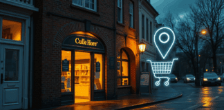 Cómo digitalizar un negocio local en 2025 (Guía completa) Fachada de ladrillo iluminada al atardecer. Iconos holográficos de mapa y carrito flotan sobre la calle mojada.