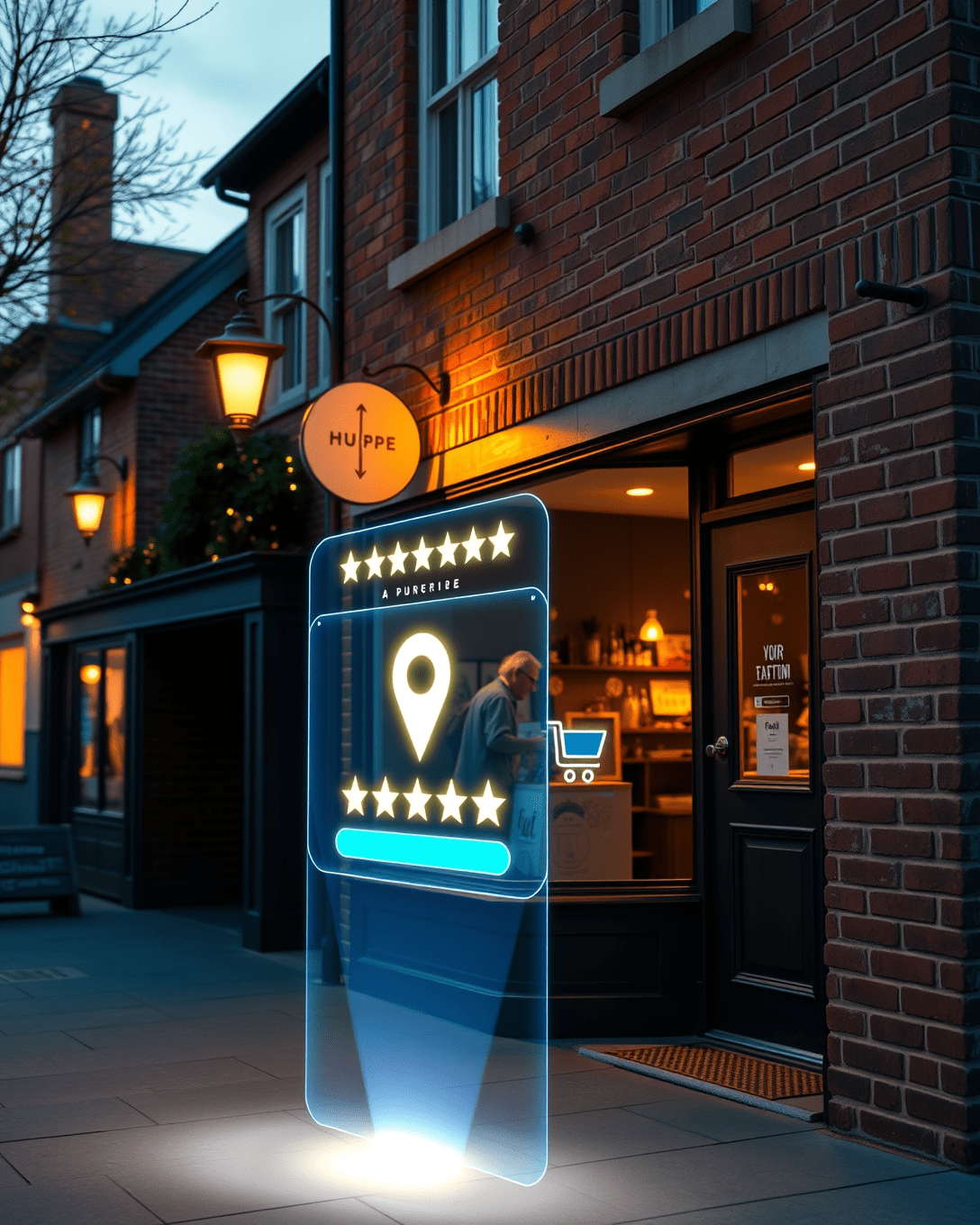 Tienda de ladrillo al atardecer con un holograma en la acera que muestra 5 estrellas y opciones de compra online.