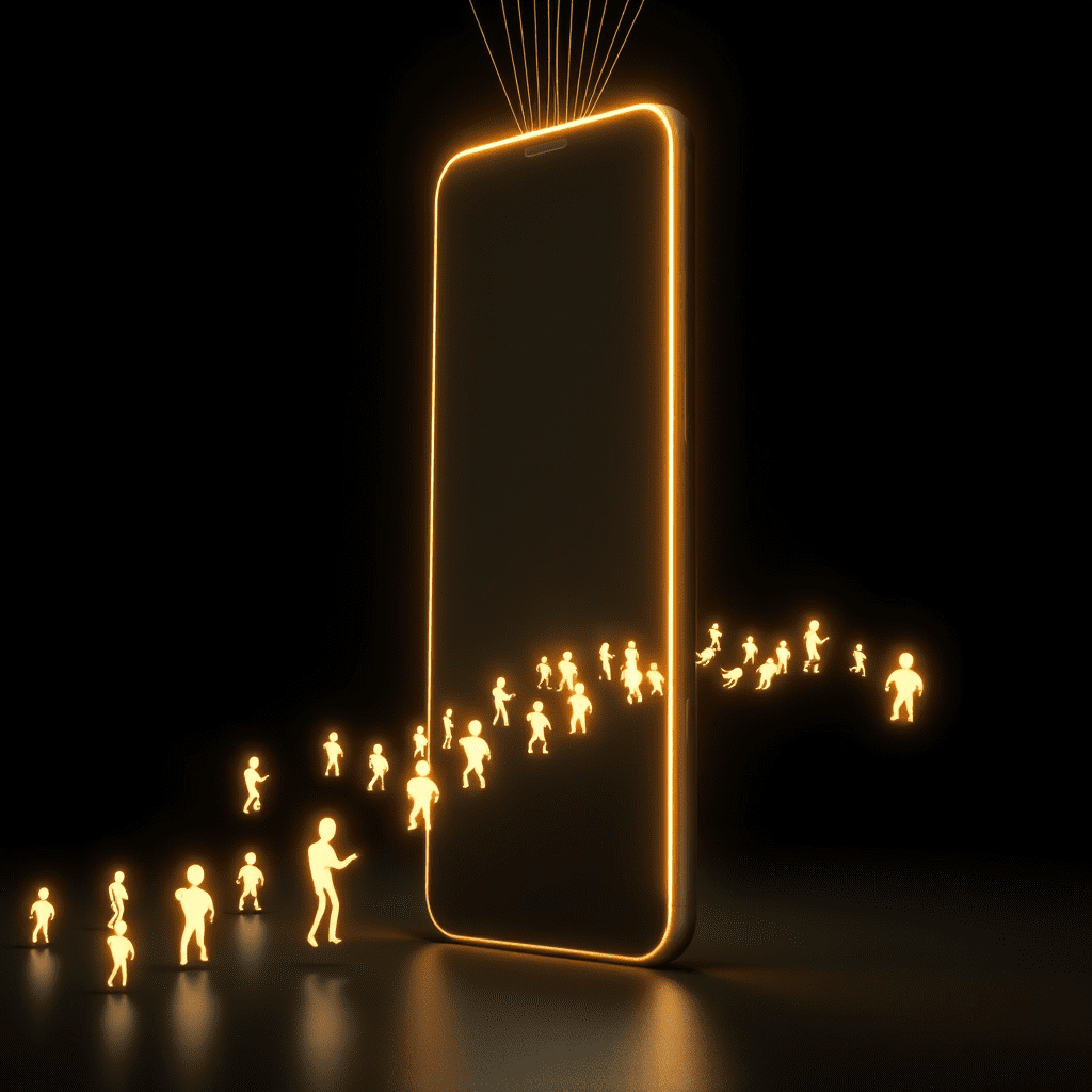 Manos ahuecadas sosteniendo un holograma brillante de la fachada de un pequeño negocio.