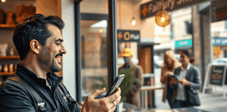 ¿Por qué tu negocio necesita una app propia? 10 razones reales Propietario de negocio orgulloso mira su app en el móvil; afuera, una clienta feliz usa la misma, vista por la ventana.