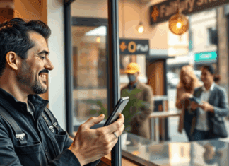 ¿Por qué tu negocio necesita una app propia? 10 razones reales Propietario de negocio orgulloso mira su app en el móvil; afuera, una clienta feliz usa la misma, vista por la ventana.