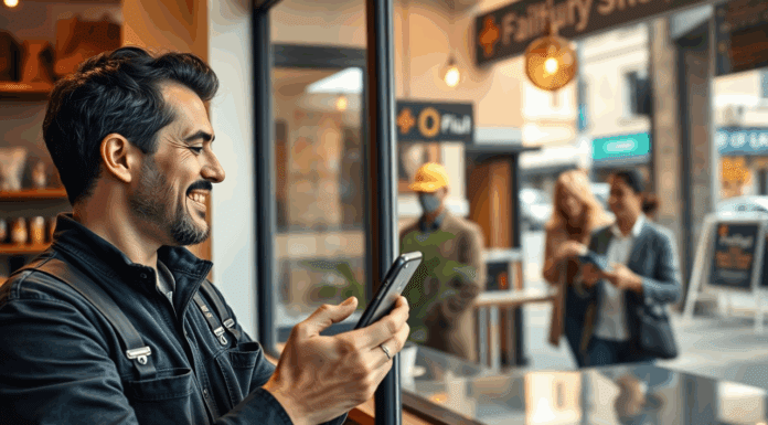 ¿Por qué tu negocio necesita una app propia? 10 razones reales Propietario de negocio orgulloso mira su app en el móvil; afuera, una clienta feliz usa la misma, vista por la ventana.