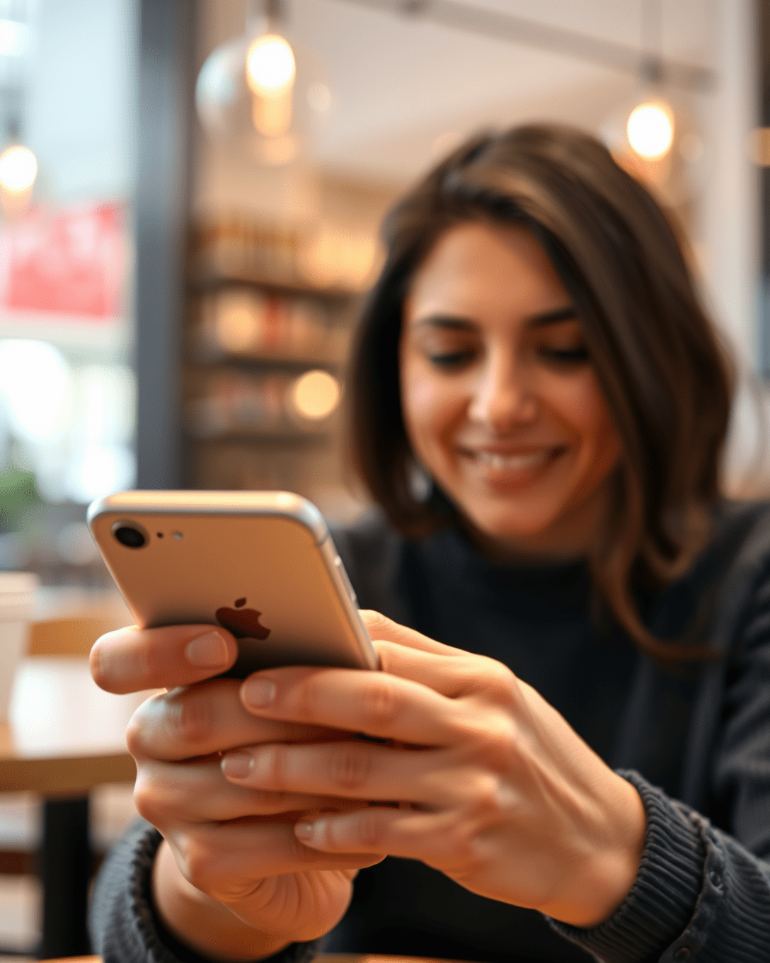 Primer plano de una persona sonriendo al recibir una notificación en su móvil, con el pulgar a punto de pulsar la pantalla.