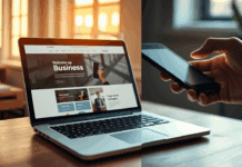 App vs Web para negocios: ¿Qué le conviene más a tu pyme? Pantalla dividida: un portátil con una web profesional y una mano sosteniendo un móvil con una notificación.