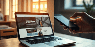App vs Web para negocios: ¿Qué le conviene más a tu pyme? Pantalla dividida: un portátil con una web profesional y una mano sosteniendo un móvil con una notificación.