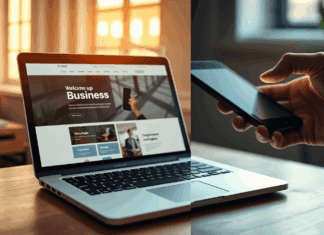 App vs Web para negocios: ¿Qué le conviene más a tu pyme? Pantalla dividida: un portátil con una web profesional y una mano sosteniendo un móvil con una notificación.