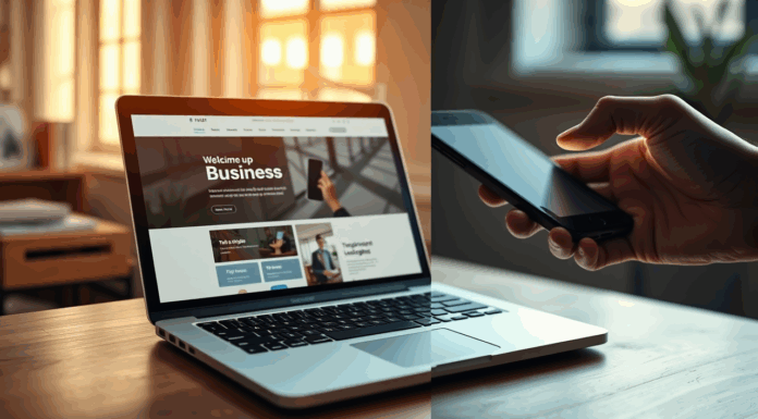 App vs Web para negocios: ¿Qué le conviene más a tu pyme? Pantalla dividida: un portátil con una web profesional y una mano sosteniendo un móvil con una notificación.