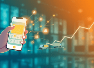 Beneficios de Repartidores Propios y App Personalizada Ilustración digital de una mano controlando una aplicación móvil de reparto propia, con vehículos de entrega personalizados, simbolizando autonomía y crecimiento empresarial.