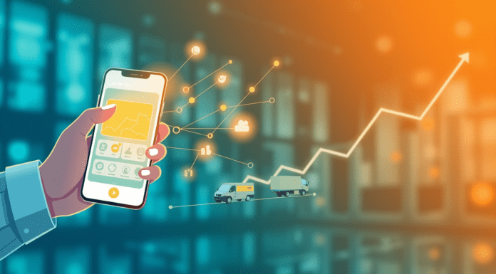 Beneficios de Repartidores Propios y App Personalizada Ilustración digital de una mano controlando una aplicación móvil de reparto propia, con vehículos de entrega personalizados, simbolizando autonomía y crecimiento empresarial.