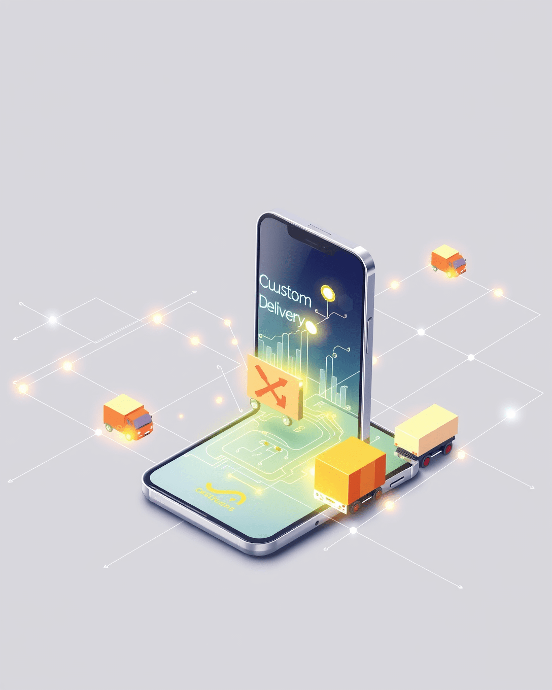 Ilustración de un smartphone con una aplicación de entrega personalizada, controlando una red logística de vehículos de reparto y paquetes, simbolizando eficiencia y control de marca.