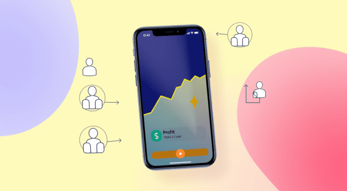 Cómo vender más en tu restaurante con una app propia Ilustración de un smartphone mostrando una app propia de restaurante con elementos visuales que simbolizan el aumento de ventas, la fidelización de clientes y el control directo del negocio.