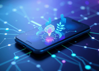 Fidelizar clientes con app personalizada Ilustración de un smartphone que irradia conexiones personalizadas y símbolos de lealtad, representando cómo una app a medida fideliza clientes y fomenta el crecimiento empresarial.