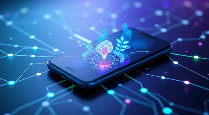 Fidelizar clientes con app personalizada Ilustración de un smartphone que irradia conexiones personalizadas y símbolos de lealtad, representando cómo una app a medida fideliza clientes y fomenta el crecimiento empresarial.