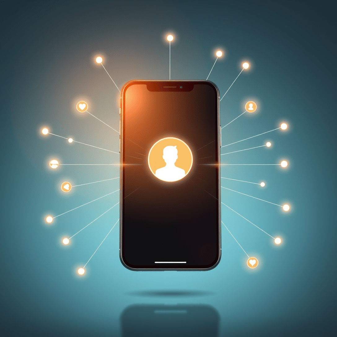 Ilustración digital de un smartphone central que irradia líneas de conexión personalizadas a figuras de clientes, simbolizando la fidelización y recurrencia a través de una app personalizada.