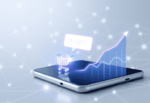 Push Notifications para Ventas Diarias Ilustración digital de un smartphone con una notificación push, conectado a un carrito de compras y un gráfico de ventas ascendente, representando la efectividad de las Push Notifications para impulsar ventas.