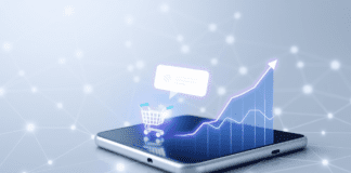 Push Notifications para Ventas Diarias Ilustración digital de un smartphone con una notificación push, conectado a un carrito de compras y un gráfico de ventas ascendente, representando la efectividad de las Push Notifications para impulsar ventas.