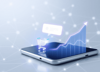 Push Notifications para Ventas Diarias Ilustración digital de un smartphone con una notificación push, conectado a un carrito de compras y un gráfico de ventas ascendente, representando la efectividad de las Push Notifications para impulsar ventas.