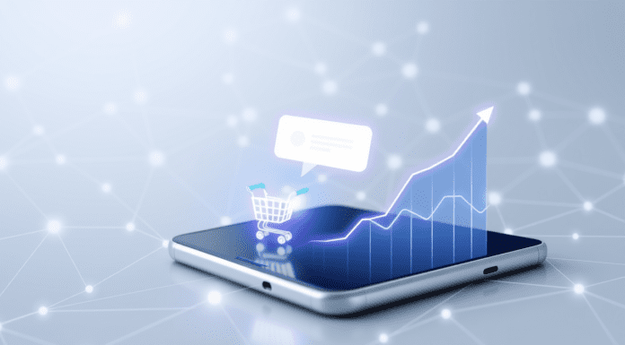 Push Notifications para Ventas Diarias Ilustración digital de un smartphone con una notificación push, conectado a un carrito de compras y un gráfico de ventas ascendente, representando la efectividad de las Push Notifications para impulsar ventas.