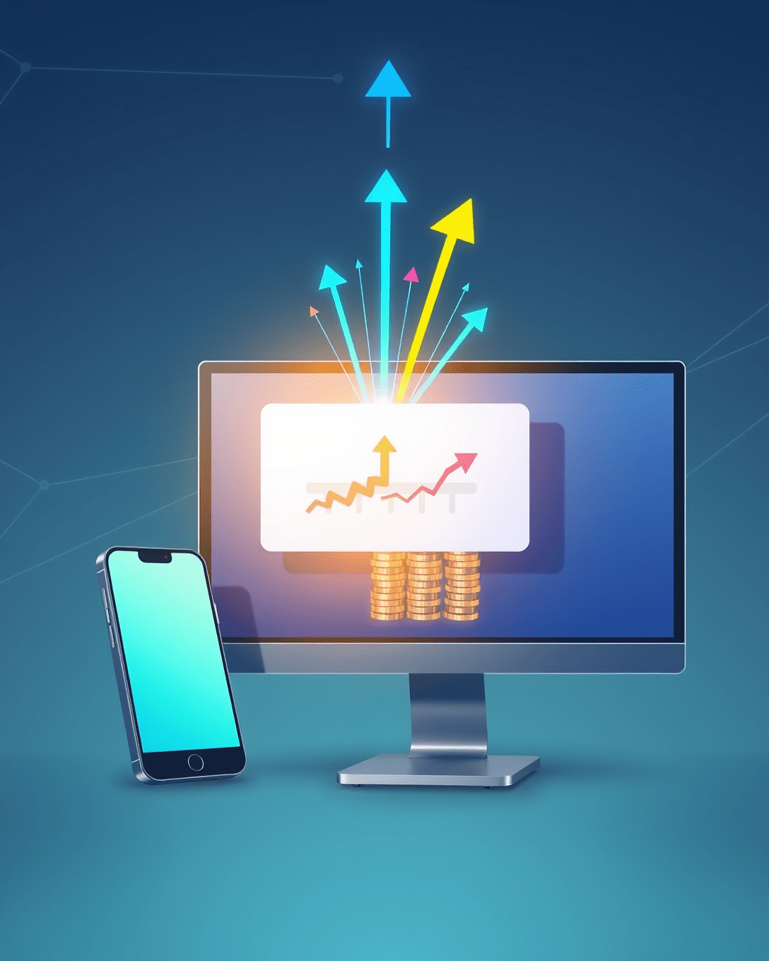 Ilustración digital que muestra push notifications en dispositivos móviles y de escritorio generando un aumento de ventas y ingresos diarios para el comercio electrónico.