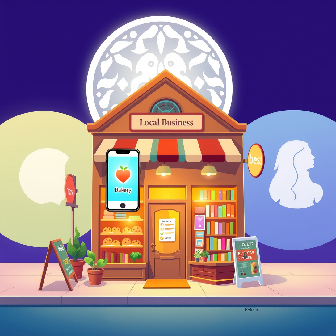 Ilustración digital de un negocio local con su propia aplicación móvil destacando y compitiendo exitosamente contra grandes plataformas digitales.