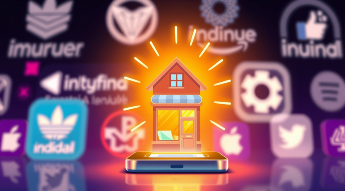 Cómo los negocios locales compiten con grandes plataformas Ilustración digital de un icono de negocio local vibrante, empoderado por una app móvil brillante, compitiendo exitosamente contra logos de grandes plataformas tecnológicas.