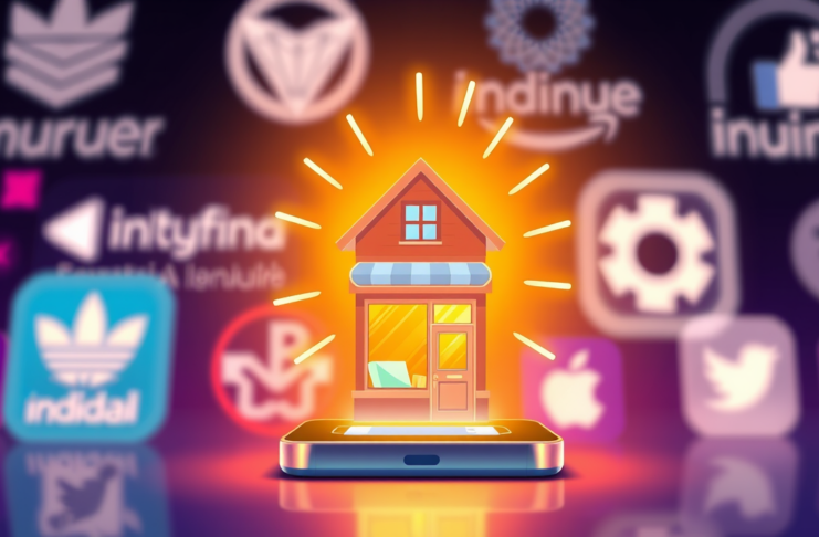 Cómo los negocios locales compiten con grandes plataformas Ilustración digital de un icono de negocio local vibrante, empoderado por una app móvil brillante, compitiendo exitosamente contra logos de grandes plataformas tecnológicas.