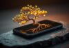 Formas infalibles de ganar dinero con una app Árbol bonsái con hojas de escamas de oro creciendo desde la pantalla de un smartphone oscuro, simbolizando el crecimiento empresarial y la riqueza