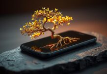 Formas infalibles de ganar dinero con una app Árbol bonsái con hojas de escamas de oro creciendo desde la pantalla de un smartphone oscuro, simbolizando el crecimiento empresarial y la riqueza