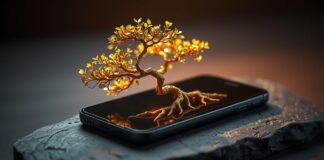Formas infalibles de ganar dinero con una app Árbol bonsái con hojas de escamas de oro creciendo desde la pantalla de un smartphone oscuro, simbolizando el crecimiento empresarial y la riqueza