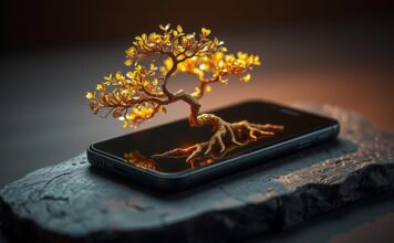 Formas infalibles de ganar dinero con una app Árbol bonsái con hojas de escamas de oro creciendo desde la pantalla de un smartphone oscuro, simbolizando el crecimiento empresarial y la riqueza