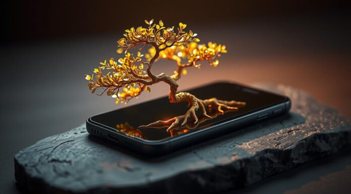Formas infalibles de ganar dinero con una app Árbol bonsái con hojas de escamas de oro creciendo desde la pantalla de un smartphone oscuro, simbolizando el crecimiento empresarial y la riqueza