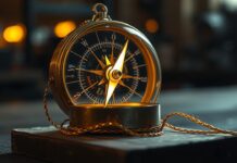 3 reglas de marketing App Brújula mecánica mística de latón y cristal con luz dorada interna, hilos brillantes y aguja de rayo de luz sobre madera oscura.