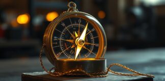 3 reglas de marketing App Brújula mecánica mística de latón y cristal con luz dorada interna, hilos brillantes y aguja de rayo de luz sobre madera oscura.