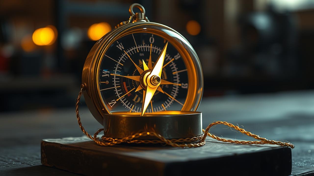 Brújula mecánica mística de latón y cristal con luz dorada interna, hilos brillantes y aguja de rayo de luz sobre madera oscura.